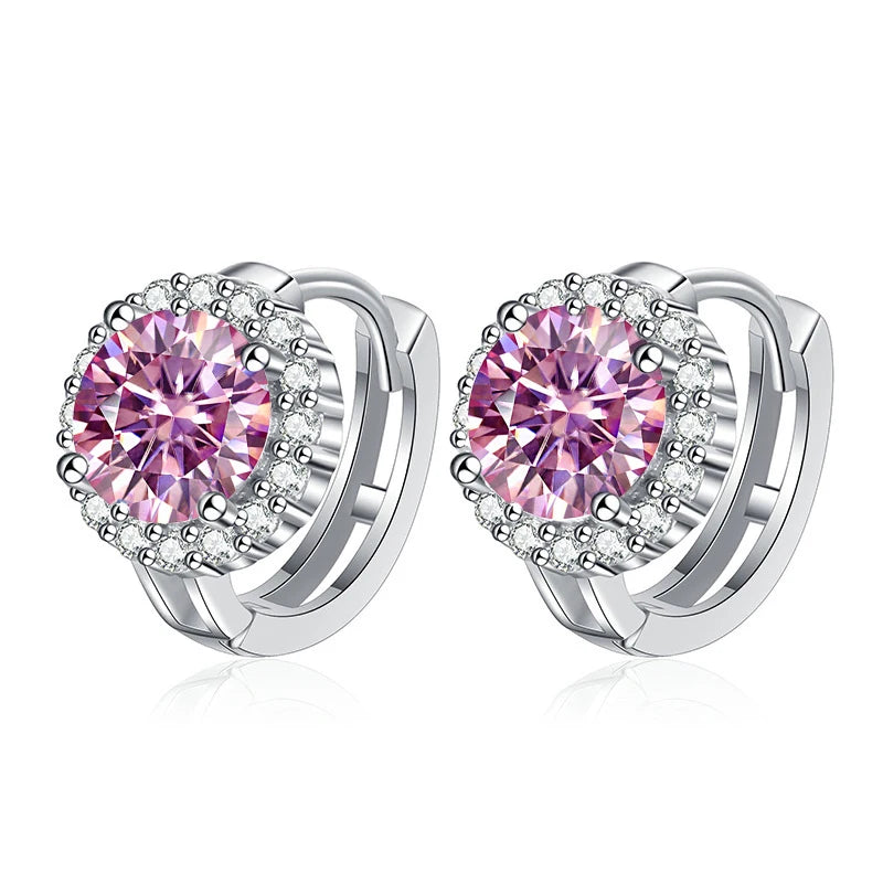 Colored Round Halo Moissanite Hoop Earrings in Silver - Pink centers