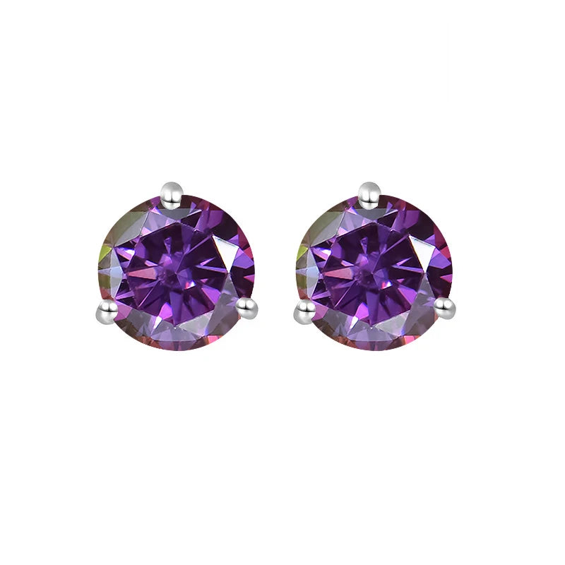 Colored Three-Prong Moissanite Stud Earrings in Sterling Silver — Purplish red