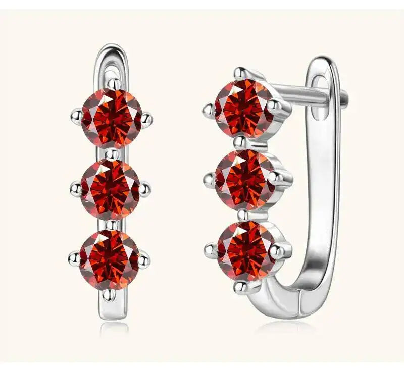 Colored Three-Stone Moissanite Hoop Earrings in Silver — Red silver pair