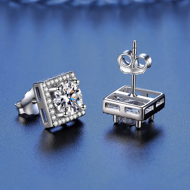 Square Halo Moissanite Stud Earrings in Sterling Silver — Square frames and butterfly backs