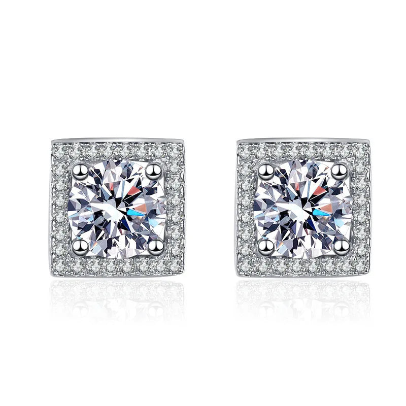 Square Halo Moissanite Stud Earrings in Sterling Silver — Silver square halo studs