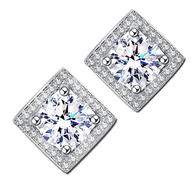 Square Halo Moissanite Stud Earrings in Sterling Silver — Square halo geometric outline