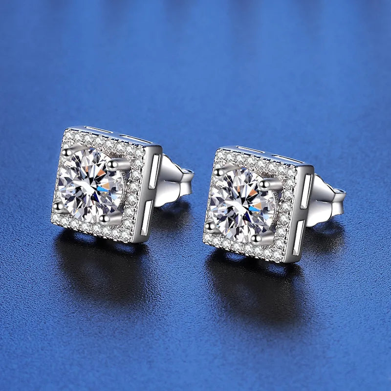 Square Halo Moissanite Stud Earrings in Sterling Silver — Silver square halo pair