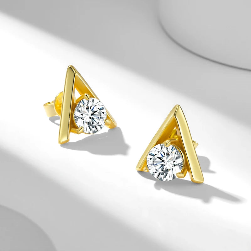 V-Shaped Moissanite Stud Earrings in Sterling Silver — Gold-tone front and side