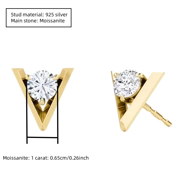 V-Shaped Moissanite Stud Earrings in Sterling Silver — Gold-tone stone size guide