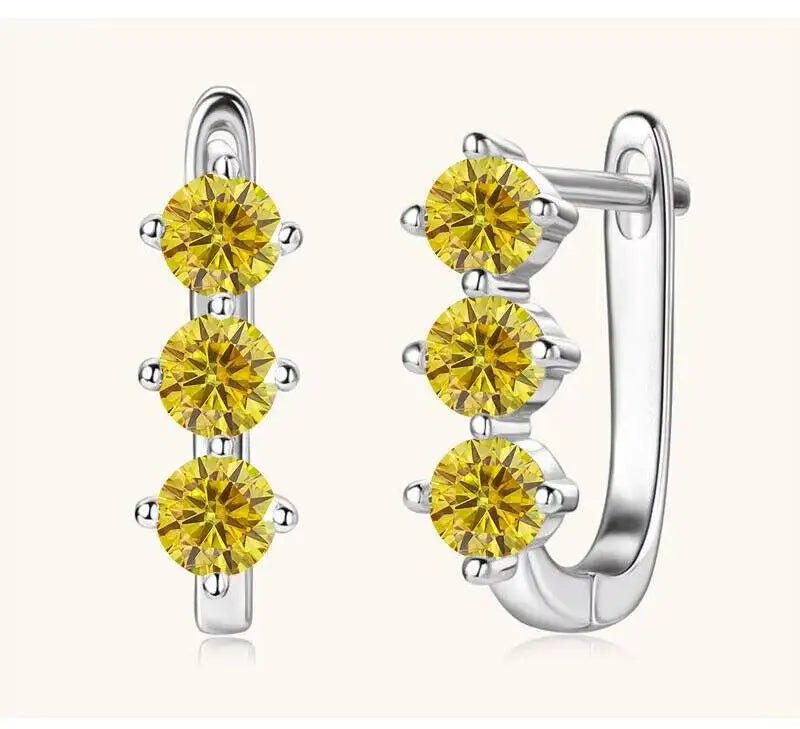 Colored Three-Stone Moissanite Hoop Earrings in Silver — Golden yellow silver pair