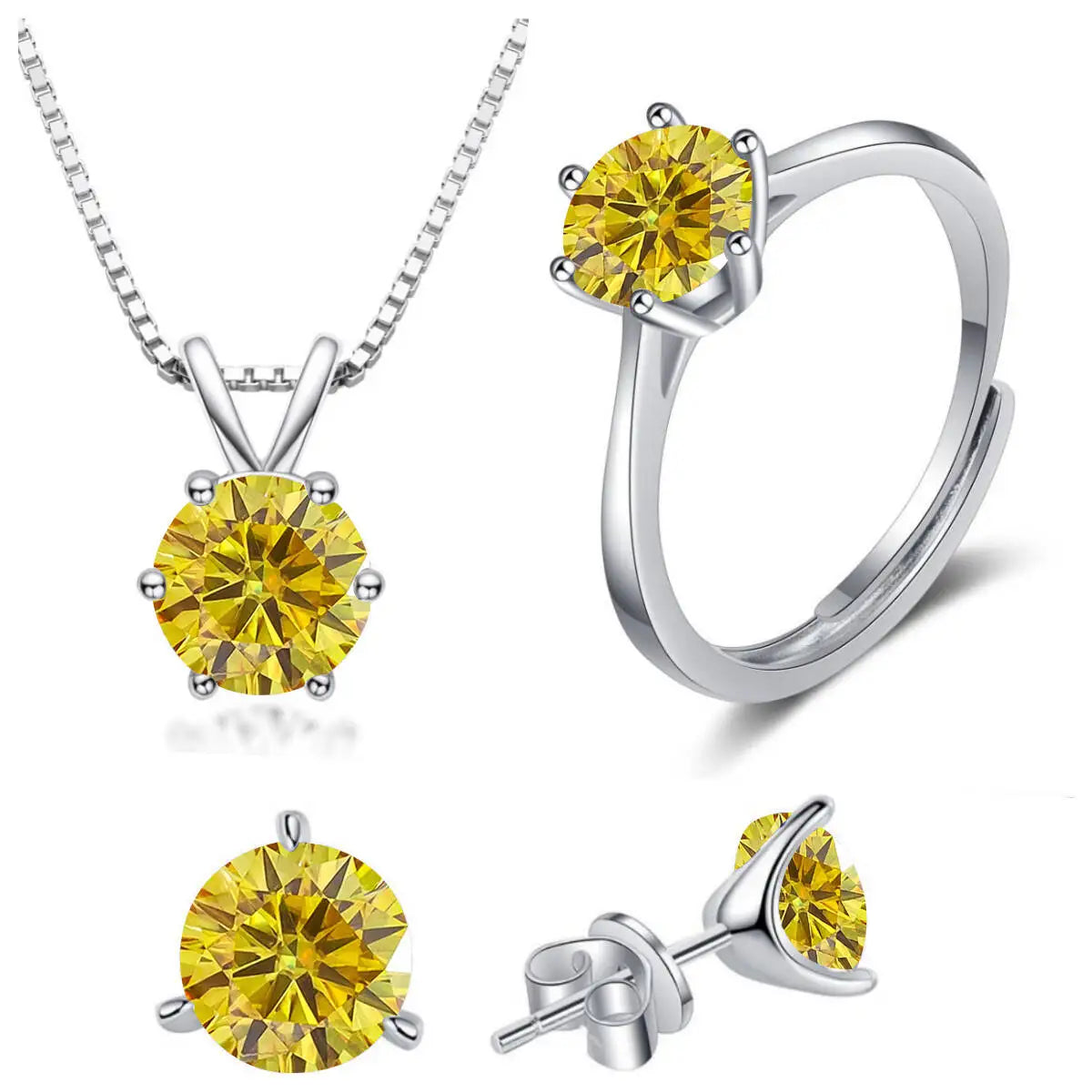 Colored Moissanite Necklace, Stud Earrings & Ring Set — Golden yellow set