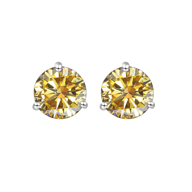 Colored Three-Prong Moissanite Stud Earrings in Sterling Silver — Golden yellow
