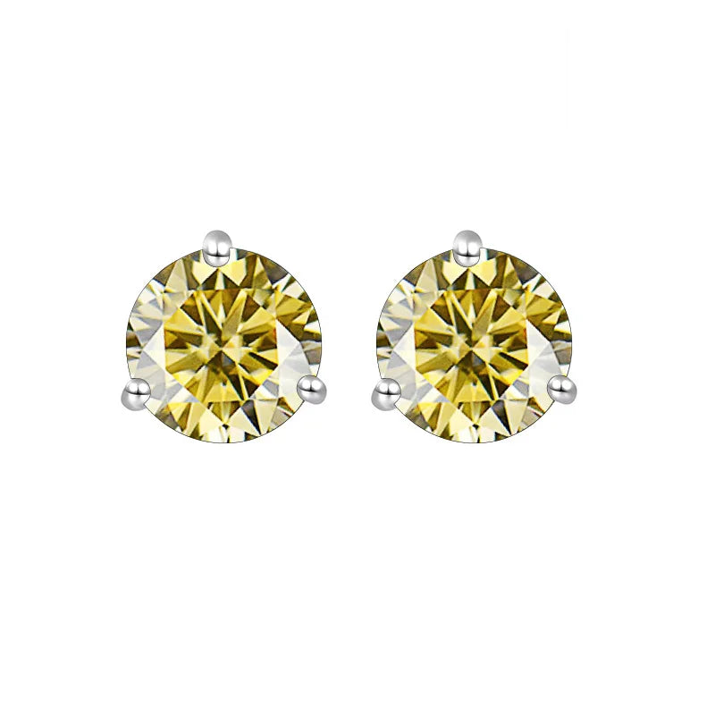 Colored Three-Prong Moissanite Stud Earrings in Sterling Silver — Lemon yellow