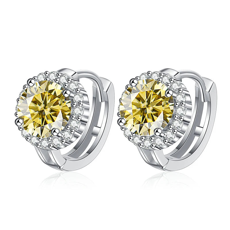 Colored Round Halo Moissanite Hoop Earrings in Silver - Lemon yellow centers