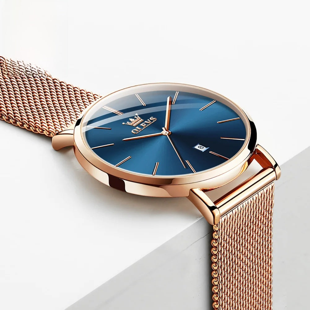 Women's Minimalist Mesh Date Quartz Watch — Blue dial mesh watch side view — BandsCo Straps