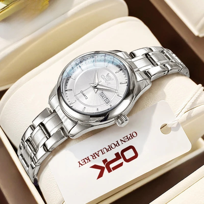 Women's Stainless Steel Day-Date Quartz Watch — Silver Tone / White Dial — BandsCo Straps