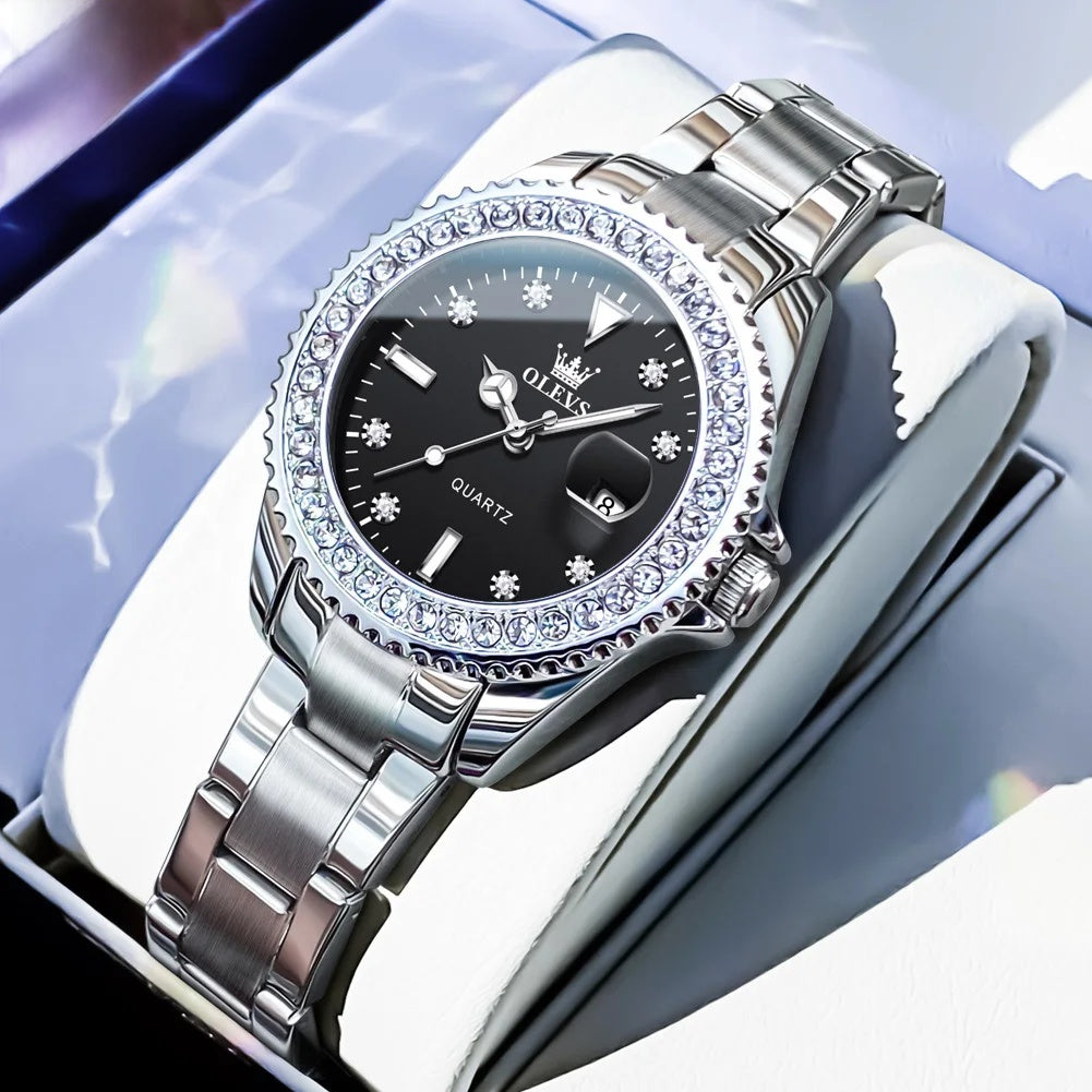 Women's Crystal Bezel Quartz Date Watch — Silver Bracelet / Black Dial — BandsCo Straps