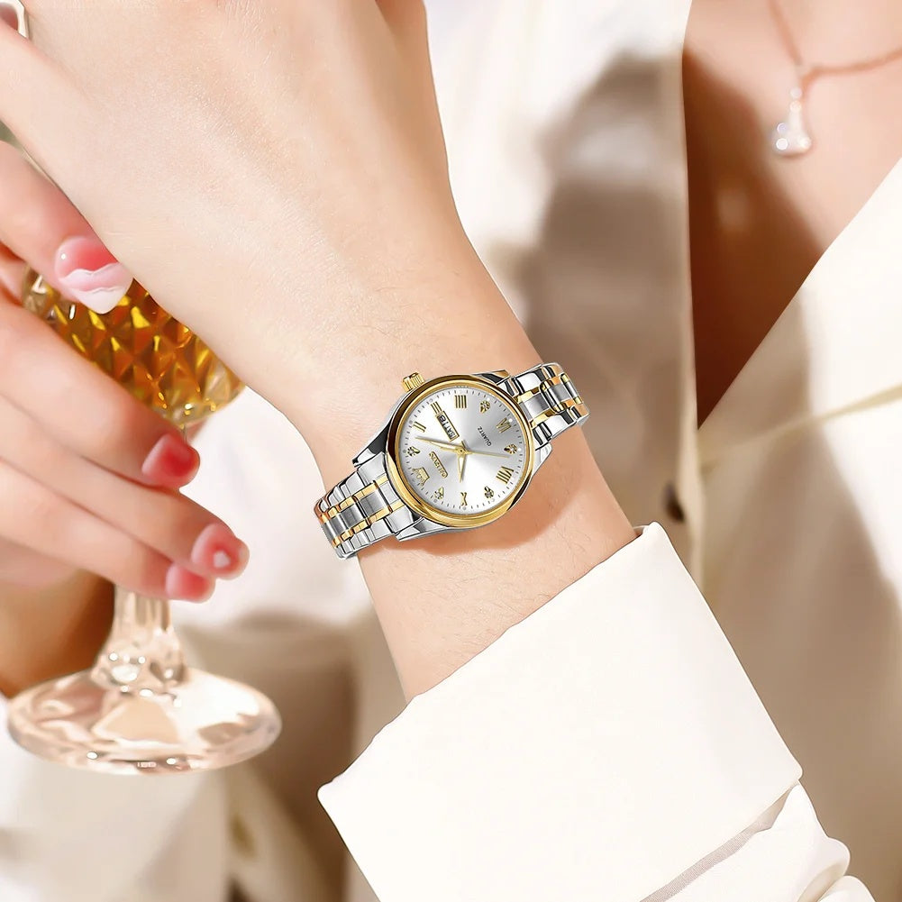 Women's 29mm Day-Date Stainless Steel Quartz Watch — Two-tone watch worn on wrist