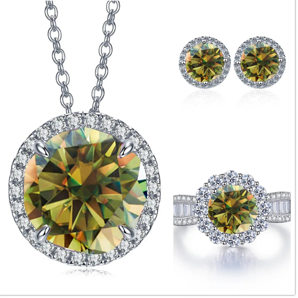 Statement Halo Moissanite Necklace, Earrings & Ring Set - Yellow green halo set