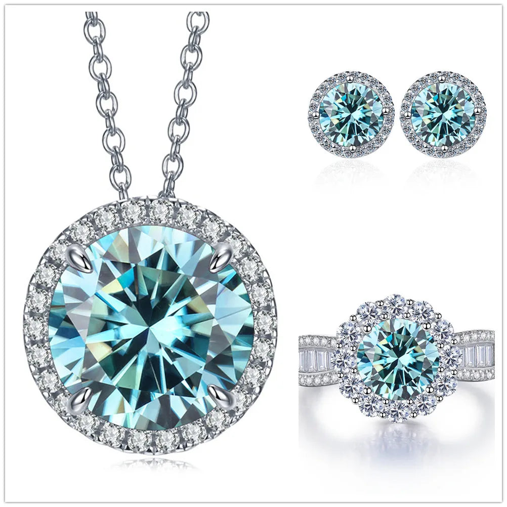 Statement Halo Moissanite Necklace, Earrings & Ring Set - Blue halo set