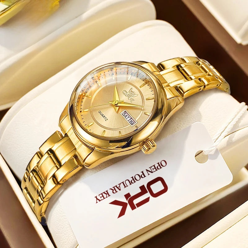Women's Stainless Steel Day-Date Quartz Watch — Gold Tone / Gold Dial — BandsCo Straps