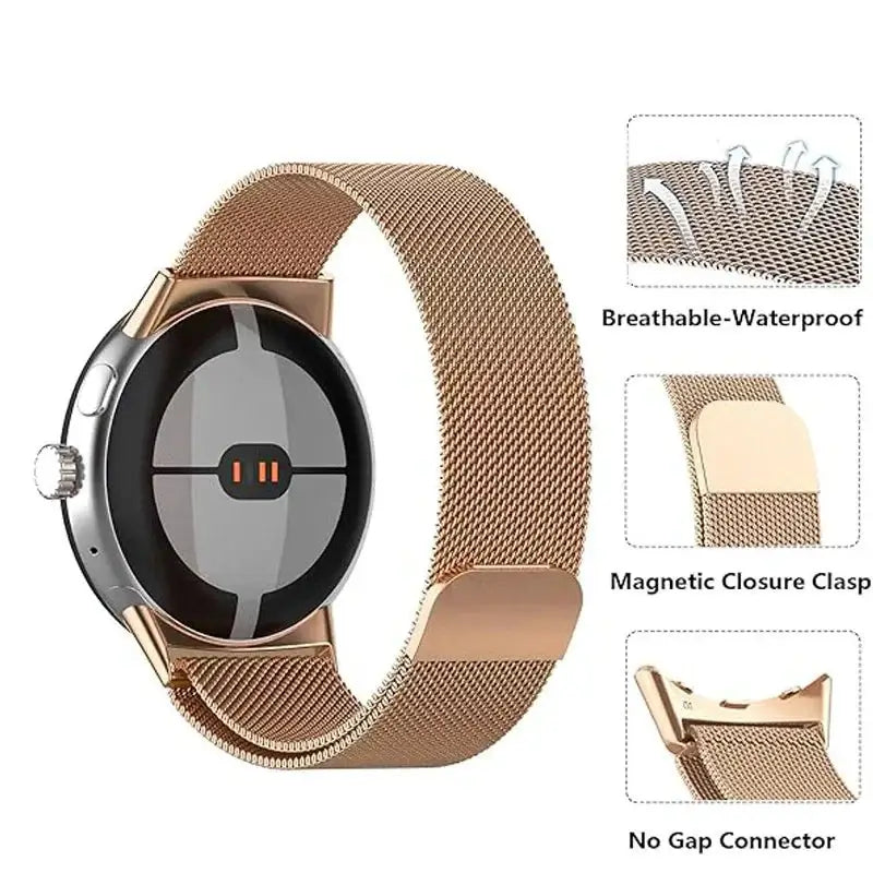 Rose gold mesh strap showing magnetic tab and connector details