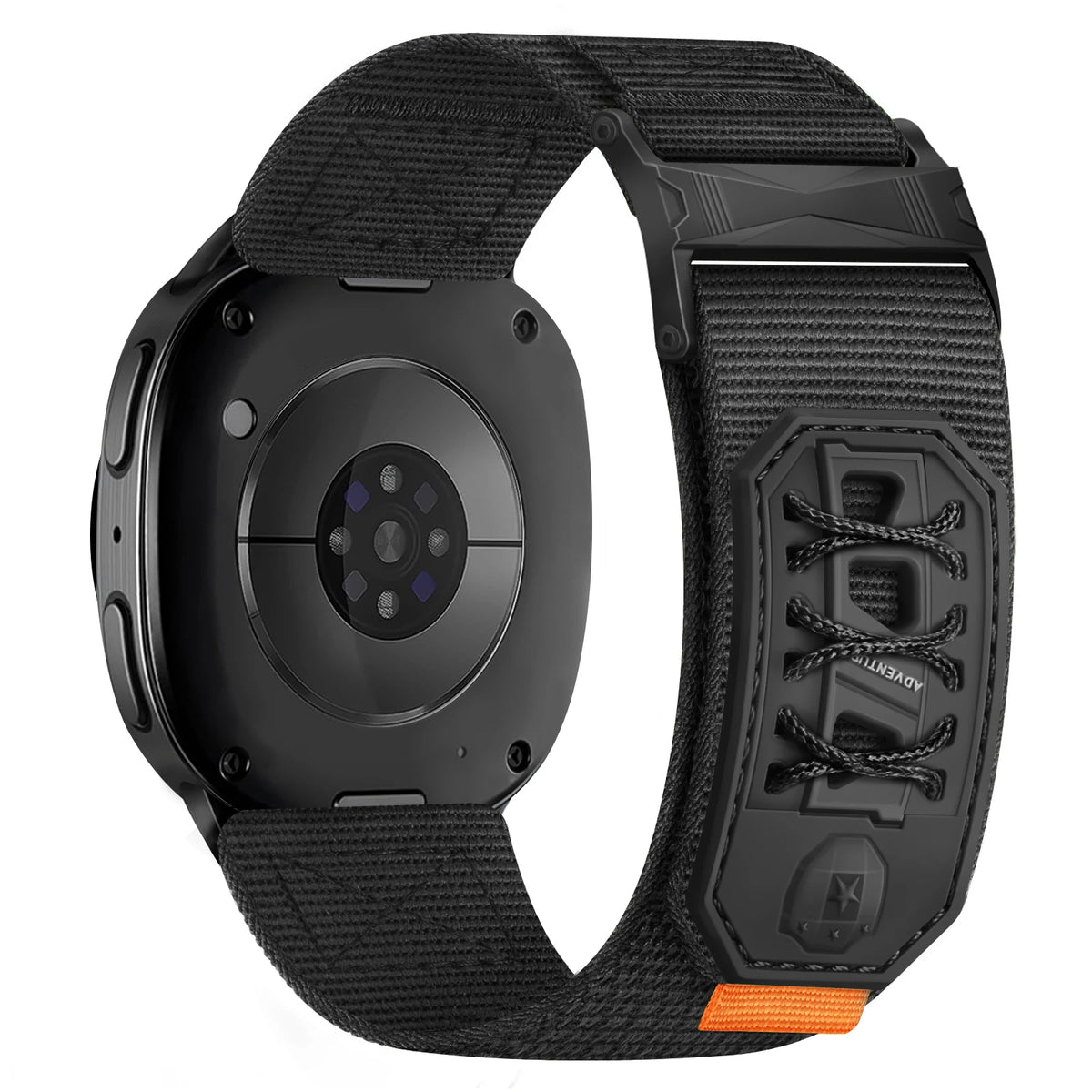 Samsung Galaxy Nylon Tactical Watch Band – Metal Buckle Watch8/Watch8 Classic/Watch9 in black with rubber keeper and orange tip