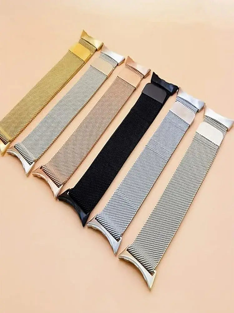 Milanese mesh straps laid flat in several finishes