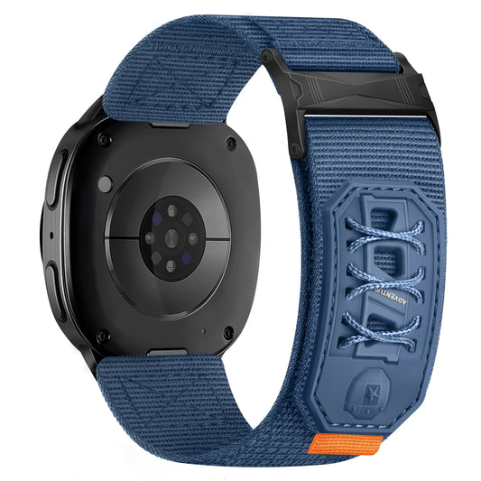 Samsung Galaxy Nylon Tactical Watch Band – Metal Buckle Watch8/Watch8 Classic/Watch9 in blue with rubber keeper and orange tip.