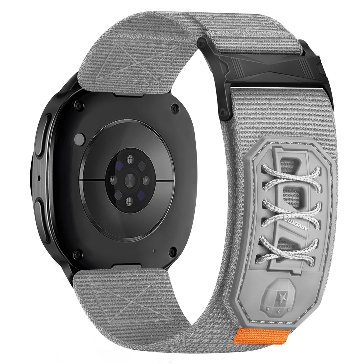 Samsung Galaxy Nylon Tactical Watch Band – Metal Buckle Watch8/Watch8 Classic/Watch9 in grey with lace-up rubber keeper.