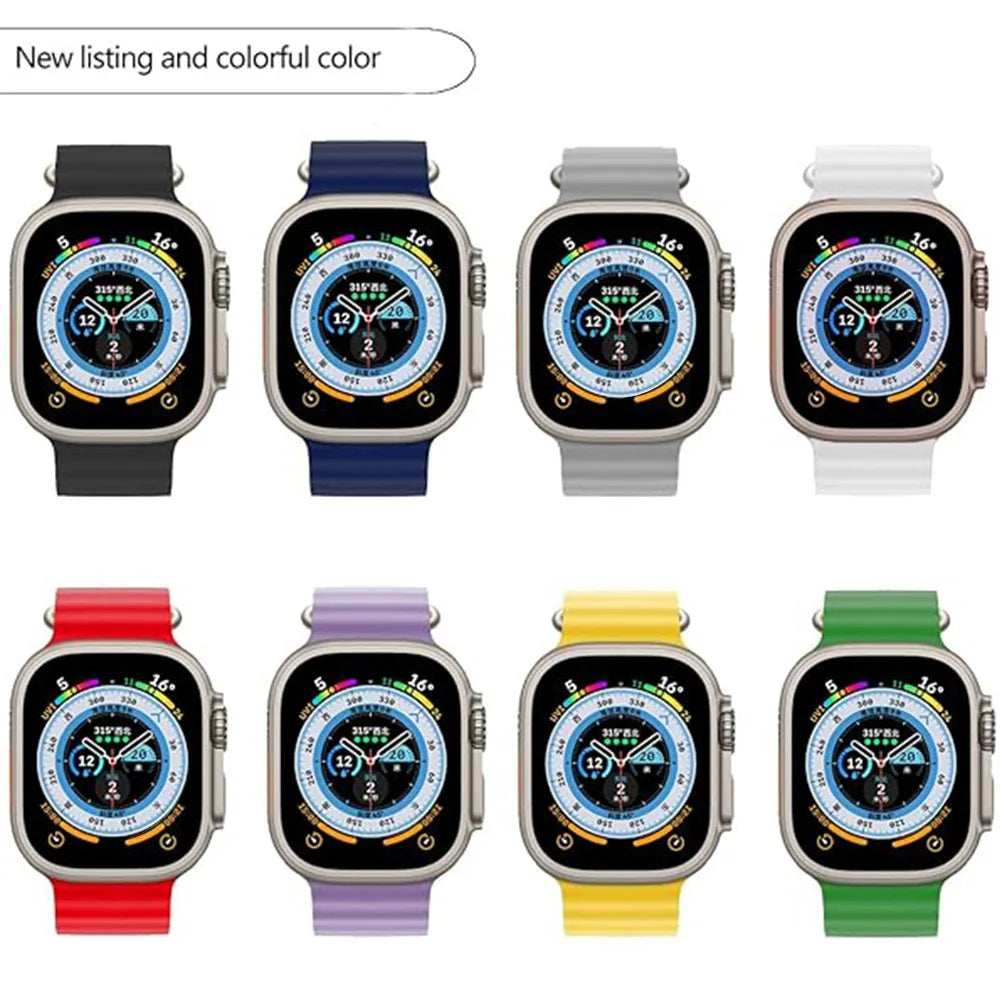Ribbed silicone bands shown in assorted solid colors for Apple Watch