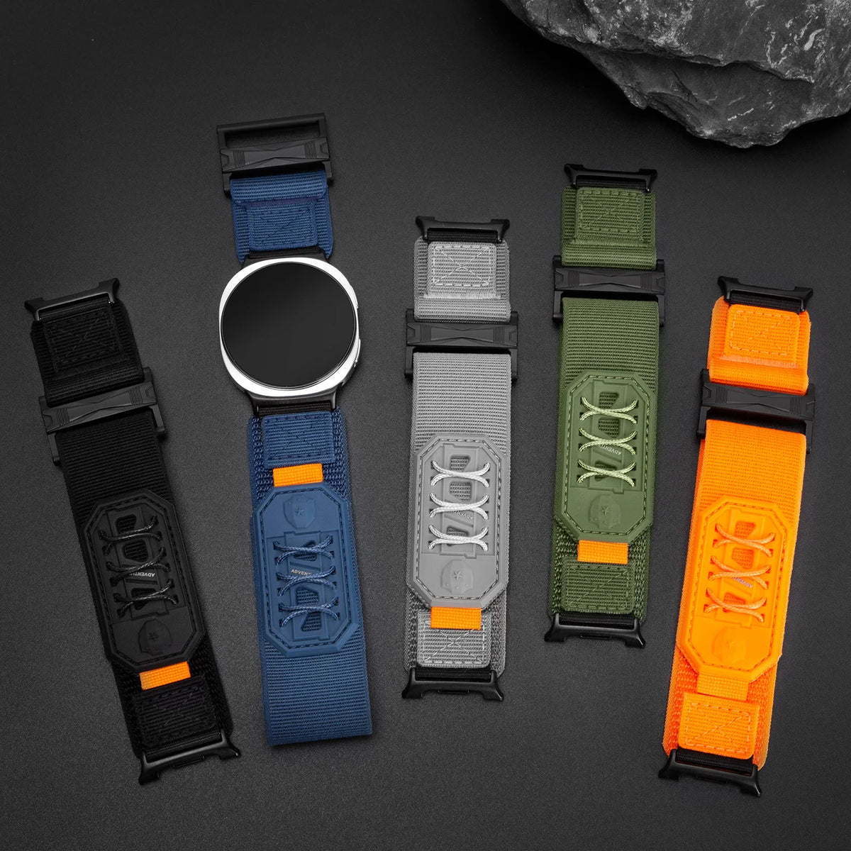 Samsung Galaxy Nylon Tactical Watch Band – Metal Buckle Watch8/Watch8 Classic/Watch9 in various colors layouts.