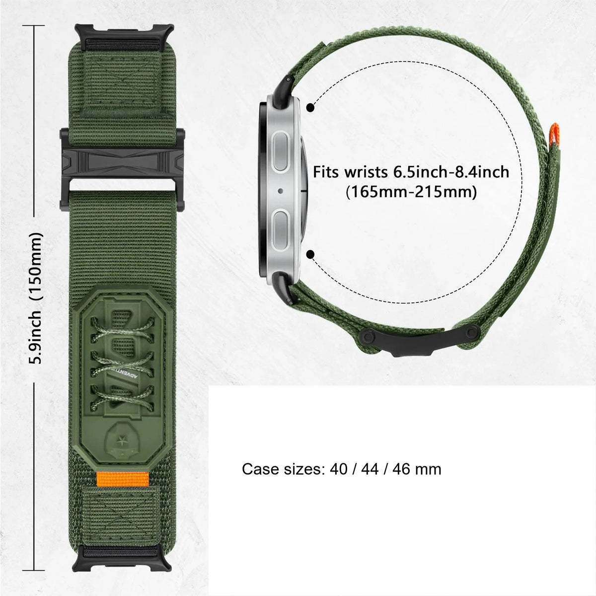 Samsung Galaxy Nylon Tactical Watch Band – Metal Buckle Watch8/Watch8 Classic/Watch9 green nylon band fitting various Galaxy watch models