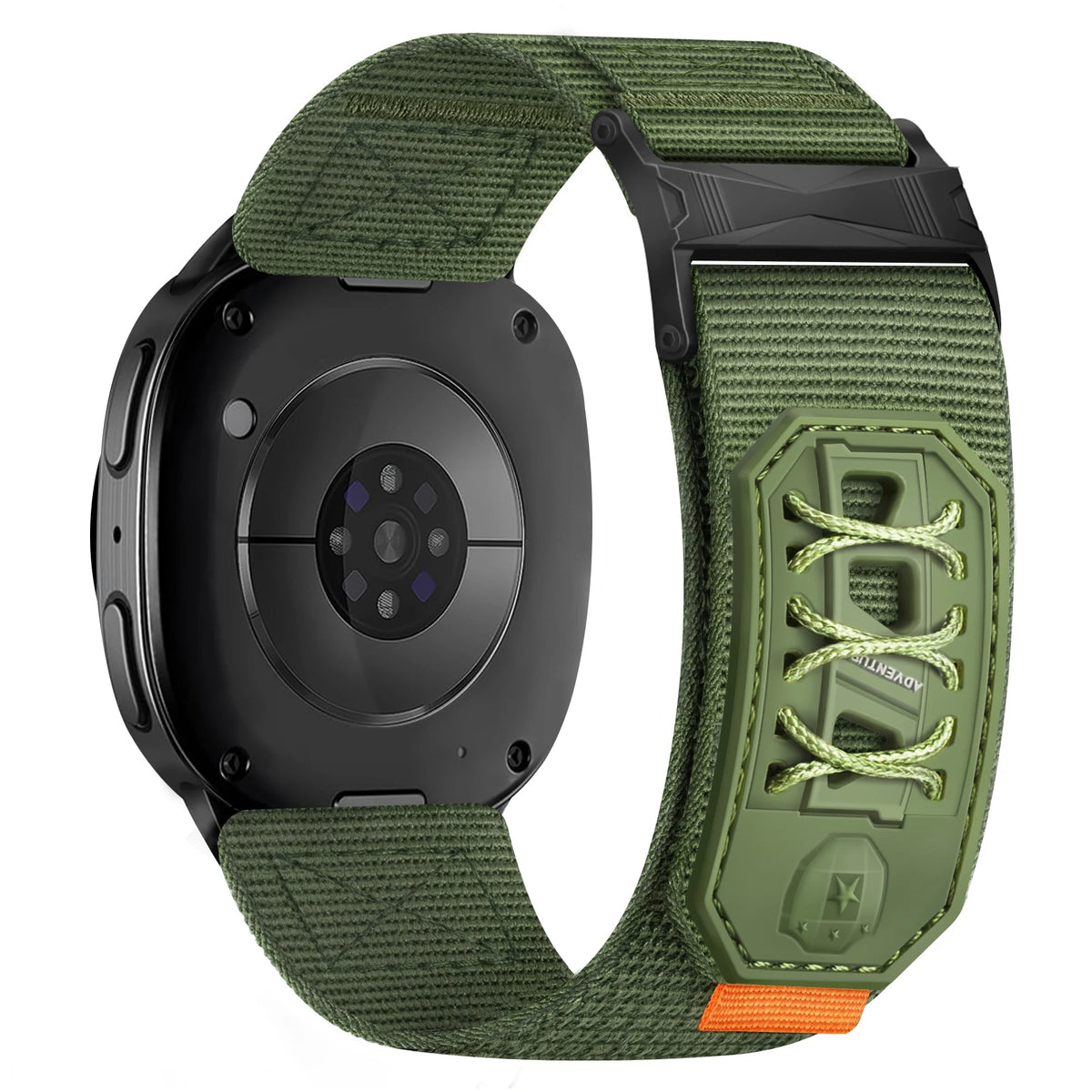 Samsung Galaxy Nylon Tactical Watch Band – Metal Buckle Watch8/Watch8 Classic/Watch9 in army green with unique lace-up rubber keeper.