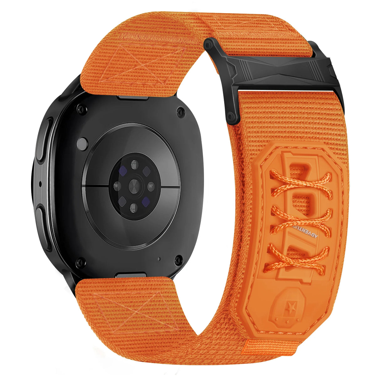 Samsung Galaxy Nylon Tactical Watch Band – Metal Buckle Watch8/Watch8 Classic/Watch9 in orange, showcasing durable woven nylon and lace-up rubber keeper.