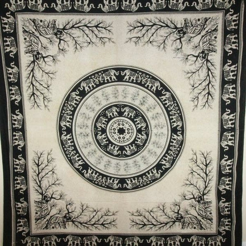 Tiger Elephant Mandala Tapestry Boho Wall Hanging Large — black