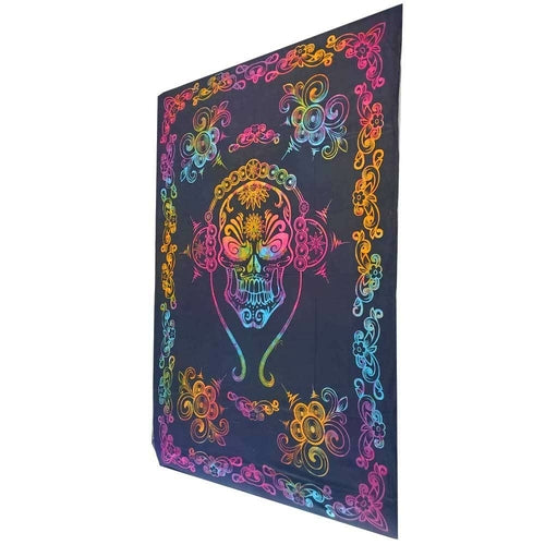 Gothic Skull Tie Dye Tapestry With Floral Border Cotton — black