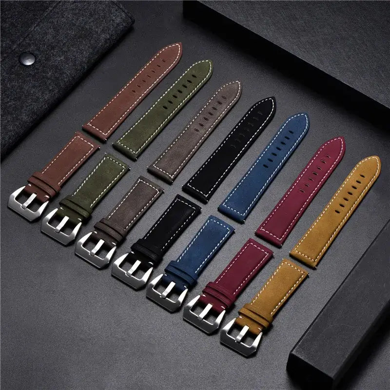 Seven vintage-style stitched leather strap colors