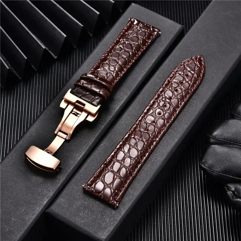 TicWatch Crocodile-Pattern Leather Clasp Band - Dark Brown / Rose Gold Clasp