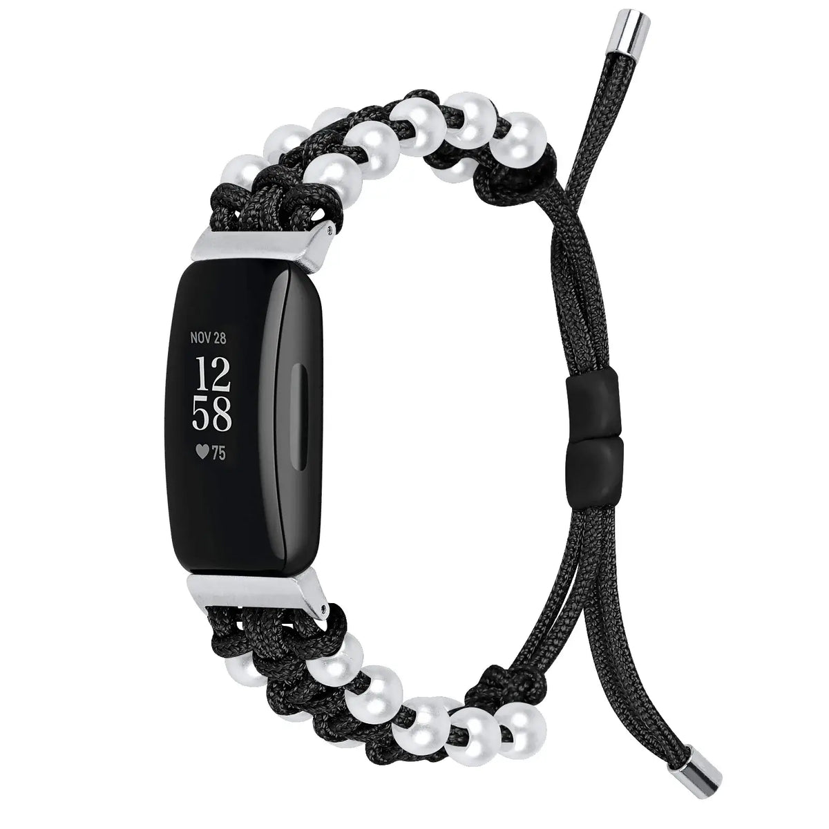 Fitbit Inspire Braided Cord & Pearl-Style Bead Band - Black band front view