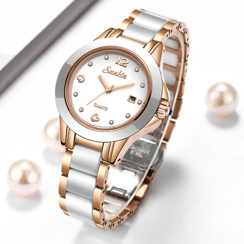 Women's Ceramic and Stainless Steel Date Watch — Rose gold-tone and white ceramic bracelet watch