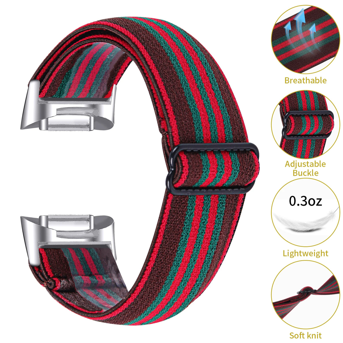 Fitbit Charge 5/6 Adjustable Stretch Nylon Band - Red and green striped design with sliding adjuster