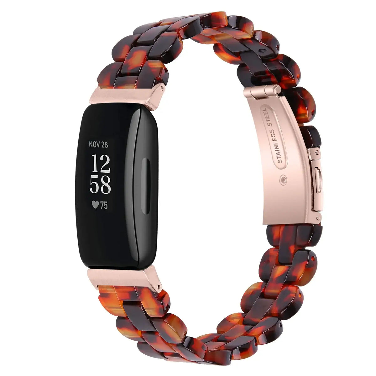 Fitbit Inspire Marbled & Tortoiseshell Resin Band - Dark tortoiseshell bracelet on tracker