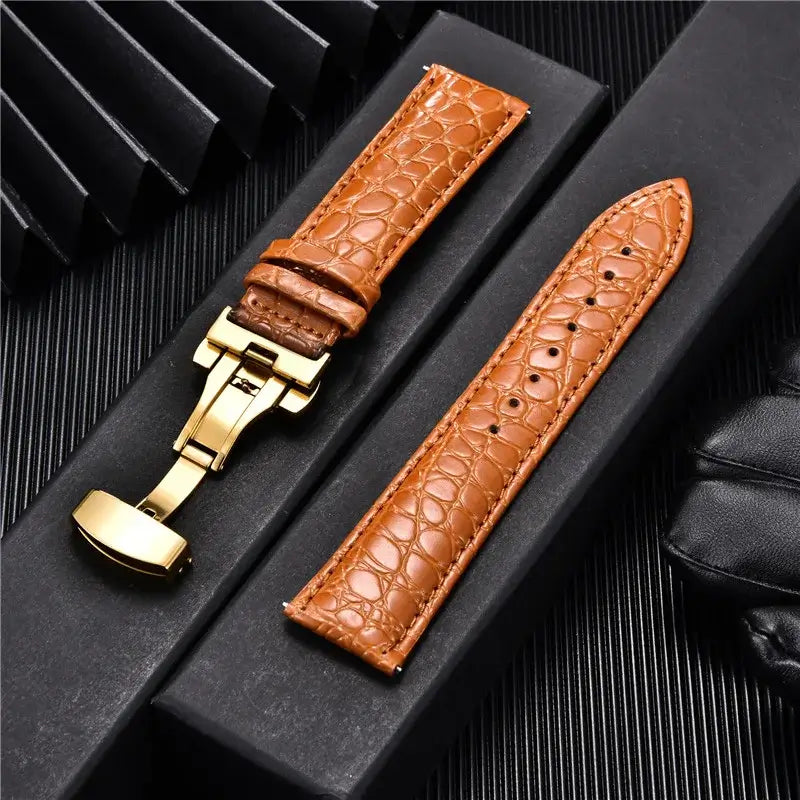 Samsung Galaxy Watch Crocodile-Pattern Leather Clasp Band in Orange Brown / Gold Clasp