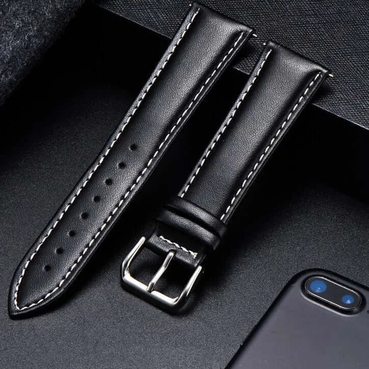 Amazfit Calfskin Leather Watch Band with Silver Buckle - Black leather with white stitching