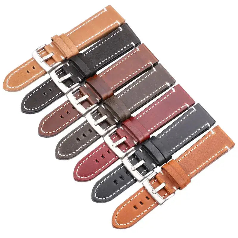 Seven leather strap colors with silver-tone buckles