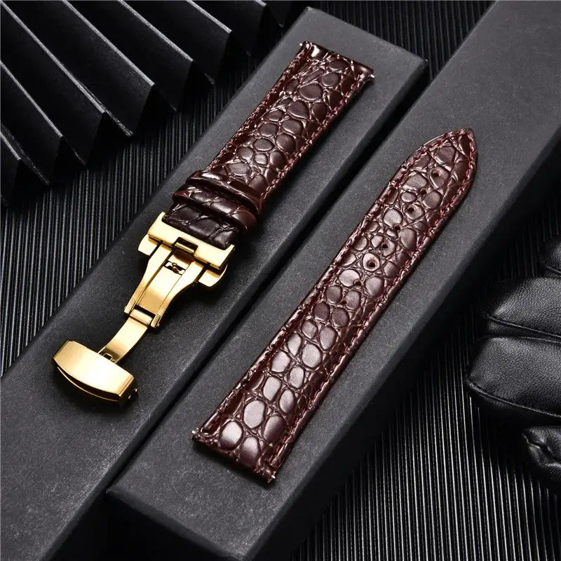 Crocodile-Pattern Leather Clasp Band in Dark Brown / Gold Clasp for compatible Huawei watches