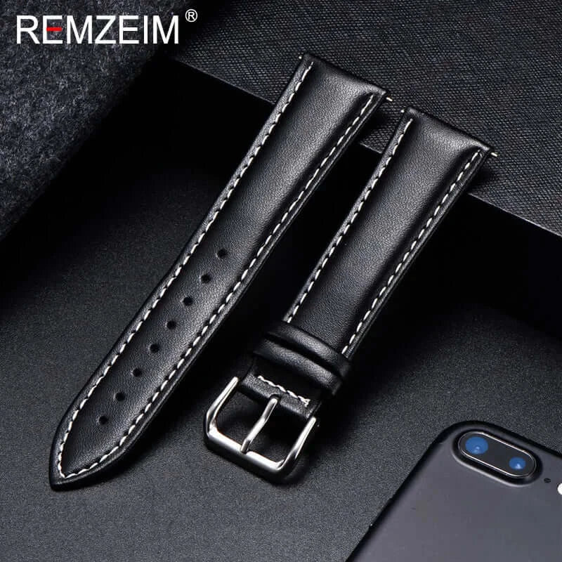 Classic Leather Band with Stitching Choices in Black / White Stitching for compatible Huawei watches