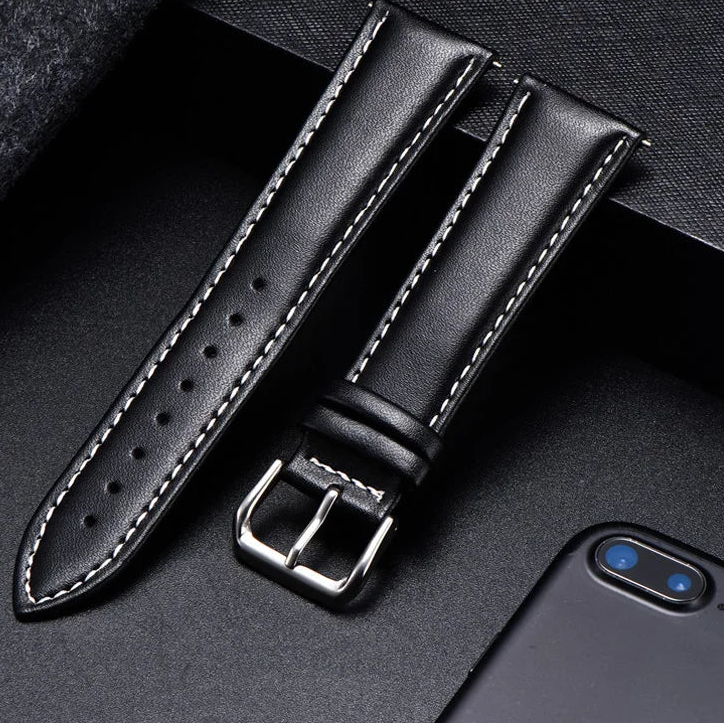 Motorola Moto Watch Band, Soft Calfskin Leather Strap, Steel Buckle on a black background.