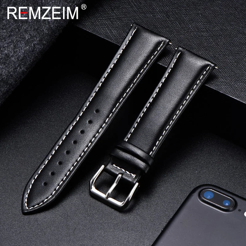 Polar Calfskin Leather Watch Band with Silver Buckle — Black / White Stitching