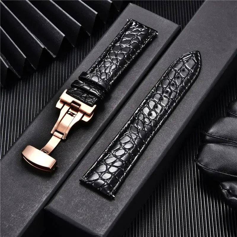 Suunto Crocodile-Pattern Leather Clasp Band - Black / Rose Gold Clasp