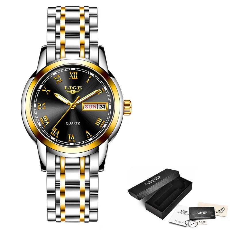 Women's Roman Numeral Day-Date Bracelet Watch — Silver & Gold Tone / Black Dial