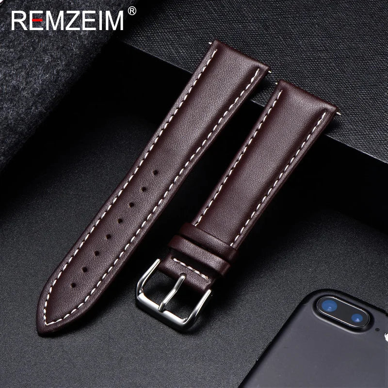 Polar Calfskin Leather Watch Band with Silver Buckle — Dark Brown / White Stitching