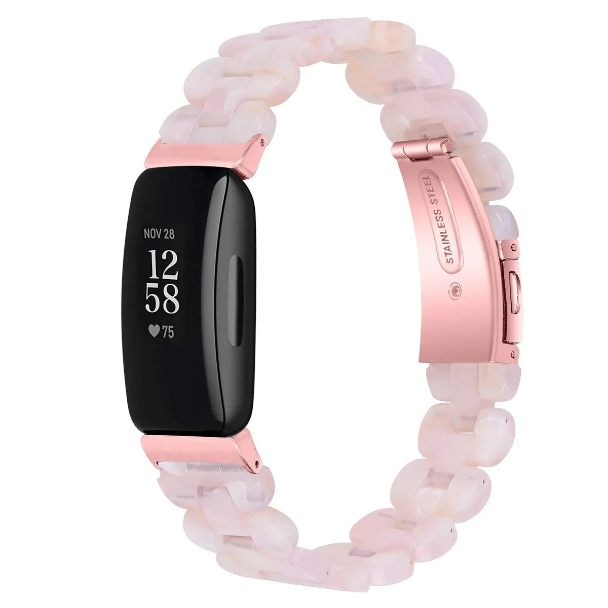 Fitbit Inspire Marbled & Tortoiseshell Resin Band - Pale pink bracelet on tracker